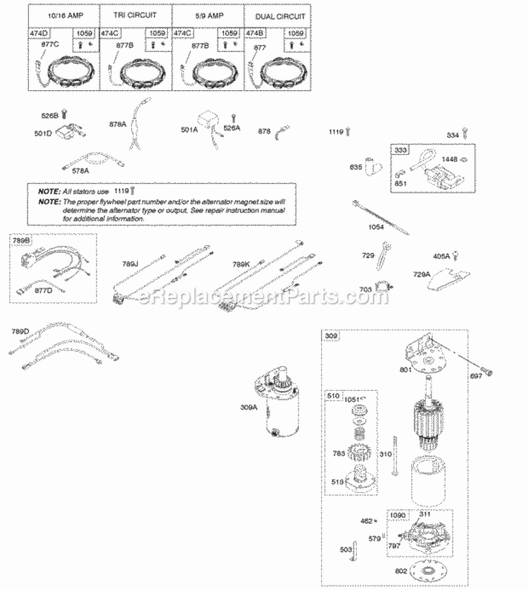 Alternator Electric Starter Ignition Diagram and Parts List for 407777-0156-E1  Briggs and Stratton Engine